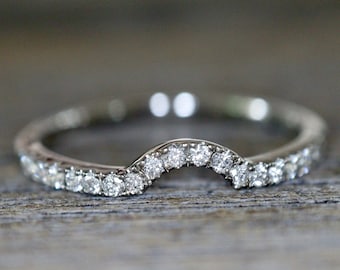 Genuine White Diamond Dainty Curved Band for Round Ring-Natural Petite Contour Wedding Band for Small Circle Ring in Solid 14k 18k Platinum