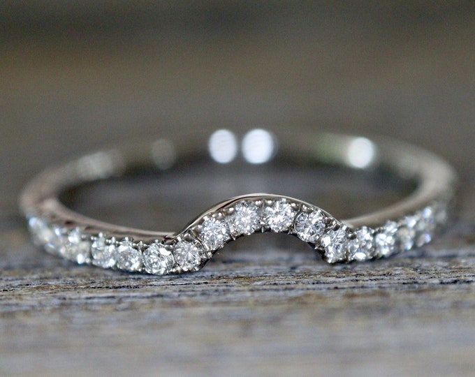 Genuine White Diamond Dainty Curved Band for Round Ring-Natural Petite Contour Wedding Band for Small Circle Ring in Solid 14k 18k Platinum