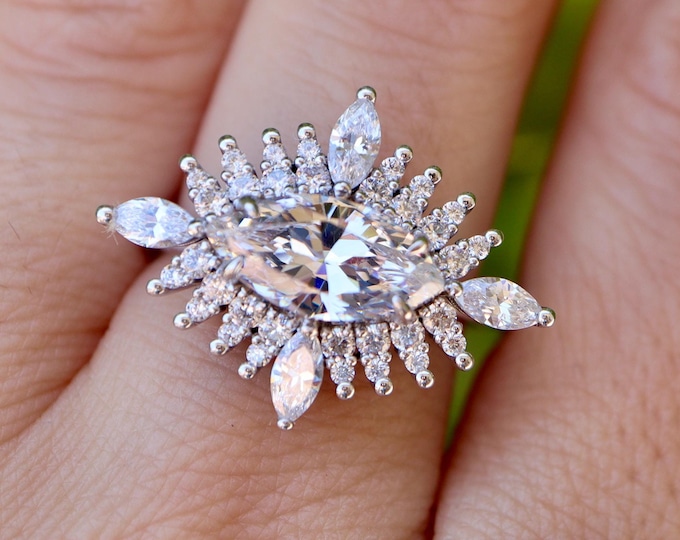 Marquise Moissanite Vintage Halo Engagement Ring-Alternative Diamond Deco 14k White Gold Ring-Clear Colorless East West Navette Antique Ring