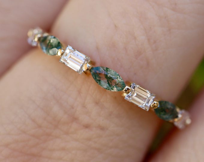 Marquise Moss Agate with Baguette Diamond Half Eternity Wedding Band