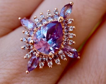 9x7 Pear Color Change Alexandrite Double Halo Engagement Ring