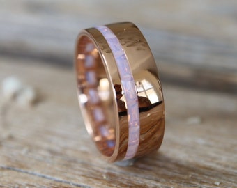 Opal Wide Unisex 8mm Wedding Band- Pink Opal Baguette 14k 18k Rose White or Yellow Gold Band- Fire Opal Band for Her Him