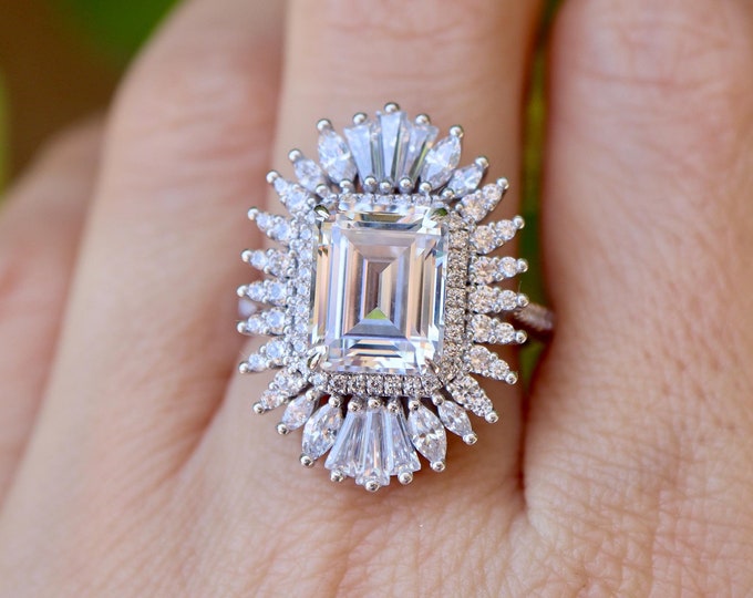 Emerald Cut Moissanite Deco Engagement Ring- Alternative Diamond Baguette Marquise Halo Ring-Step Cut Rectangle Clear Colorless Navette Ring