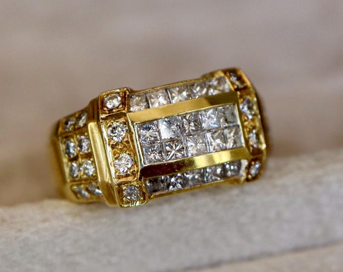 18k Yellow Gold Statement Geometric 1.13tcw Princess and Brilliant Diamond Ring
