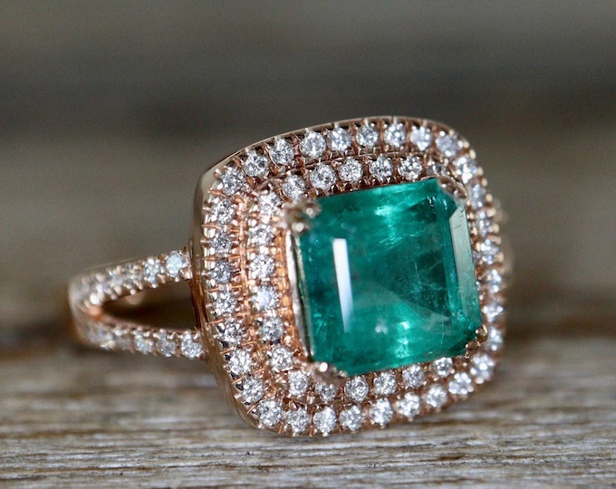 2.02ct Genuine Emerald Double Halo Engagement Ring- 14k Rose Gold Cushion Emerald Solitaire Ring- Dark Green Emerald Ring Split Shank Ring