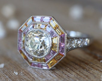 Moissanite Deco Baguette Halo Engagement Ring- Double Halo Sapphire Solitaire Vintage Gold Ring- Diamond Vintage Wedding Platinum Ring