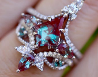 Kite Color Change Alexandrite Engagement Ring with Diamond Wedding Band in 14k 18k Gold