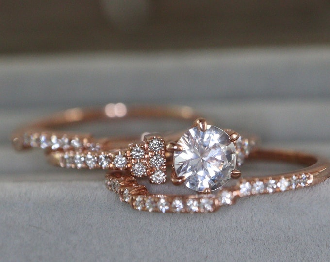 Round Genuine White Sapphire Deco Ring Set- 6 Prong Alternative Diamond Three Rings- 6mm Colorless Clear Stone Vintage 14k Rose Gold Ring