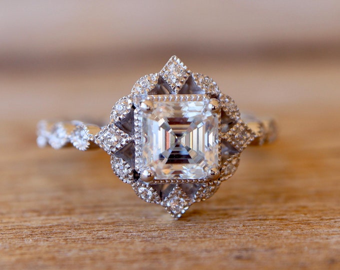 Asscher Cut Moissanite Vintage Halo Engagement Ring- Alternative Diamond Deco Square Ring- Clear Colorless Scallop Antique Solitaire Ring