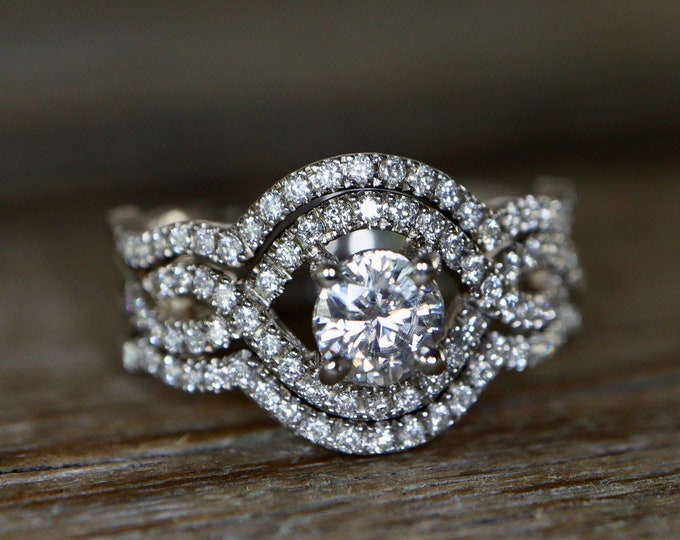 0.74ct Round Moissanite Vintage 3 Halo Ring Set- Alternative Diamond Deco 14k White Gold Ring- Forever 1 DEF Moissanite 5mm Split Band Ring