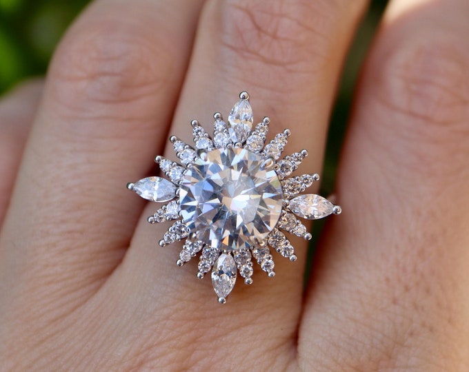 8mm Round Brilliant Moissanite Deco Engagement Ring- Alternative Diamond Solitaire Ring- Genuine Clear Colorless White Moissanite Halo Ring