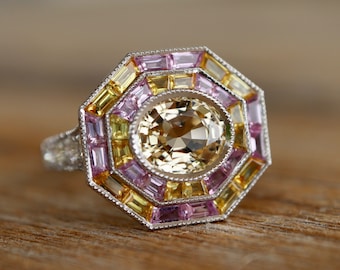 Oval Light Yellow Sapphire Deco Engagement Ring- Double Halo Baguette Pink Sapphire Solitaire Ring- Diamond Vintage Milgrain Platinum Ring