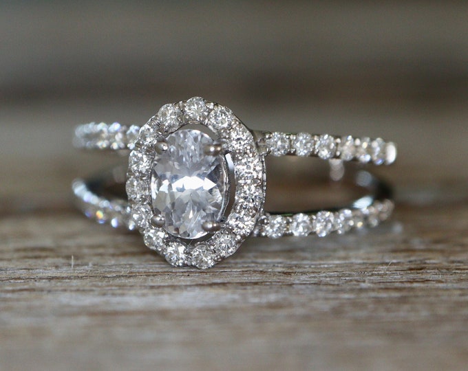 Genuine Oval White Sapphire 18k White Gold Split Ring- Natural Sapphire Halo Diamond Double Ring- Colorless Clear Alternative Diamond Ring