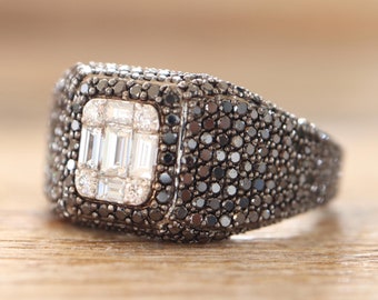 Illusion White Baguette Genuine Cluster Diamond Unisex Wedding Band-Natural Black Diamond Wide Wedding Band-Large Statement Anniversary Ring