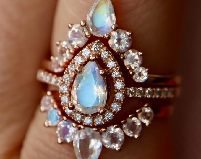 Teardrop Genuine Moonstone Diamond 3 Ring Set-Pear Rainbow Moonstone Halo Engagement Ring-14k Gold Natural Moonstone Ring w/ Moonstone Bands