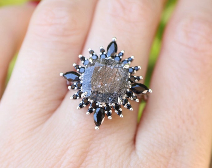 Cushion Tourmalated Quartz Halo Engagement Ring- Square Genuine Black Rutile Marquise Ring- Alternative Salt & Pepper Diamond Solitaire Ring