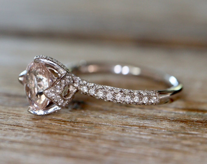 Round Genuine Morganite Solitaire 14k White Gold Ring-Natural 1.40ct Morganite 4 Floral Prong Diamond Ring-Morganite Promise Engagement Ring
