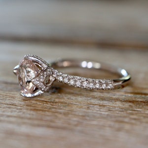 Round Genuine Morganite Solitaire 14k White Gold Ring-Natural 1.40ct Morganite 4 Floral Prong Diamond Ring-Morganite Promise Engagement Ring
