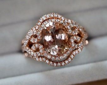 Oval 1.67ct Genuine Morganite Halo Bridal 3 Ring Set for Her- Natural Morganite Engagement Ring Set w/ 2 Curved Diamond Wedding Band