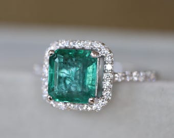 1.81ct Genuine Emerald Classic Halo Engagement Ring- Solid 14k White Gold Cushion Emerald Solitaire Ring- Dark Green Emerald Ring
