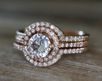 Round Genuine White Sapphire 3 Ring Set- 4 Prong Sapphire Simple Ring with 2 Diamond Contour Bands- Colorless Clear Gem 14k Rose Gold Ring