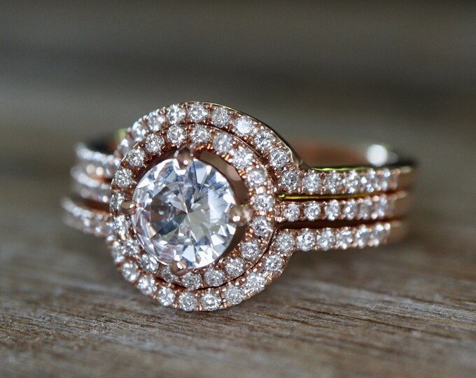 Round Genuine White Sapphire 3 Ring Set- 4 Prong Sapphire Simple Ring with 2 Diamond Contour Bands- Colorless Clear Gem 14k Rose Gold Ring