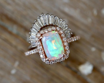 Emerald Cut Genuine Opal Diamond Deco Halo Bridal 2 Ring- Rectangle Opal Ring w/Tapered Baguette Diamond Wedding Band- Vintage Inspired Band