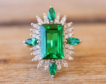 Baguette Emerald Engagement Ring- Large Dark Green Rectangle Deco Halo Diamond Solitaire  Ring- 5ct Real Solid 14k 18k Gold Platinum Ring