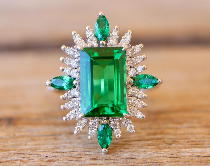 Baguette Emerald Engagement Ring- Large Dark Green Rectangle Deco Halo Diamond Solitaire  Ring- 5ct Real Solid 14k 18k Gold Platinum Ring