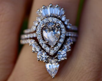 Pear Moissanite Halo Deco Bridal 3 Ring Set-14k Gold Colorless Vintage Engagement Ring Set w/ Baguette Wedding Band-Alternative Diamond Ring