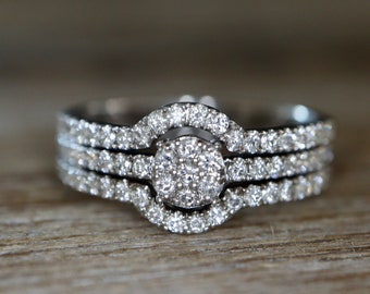 Round Petite Cluster Diamond 3 Ring Set- White Diamond Prong Simple Ring with 2 Diamond Contour Wedding Bands in 14k White Gold