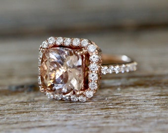 3ct Cushion Genuine Morganite Halo Ring for Her- 9x7mm Natural Peach Morganite Solitaire Engagement Ring w/ Diamond in Solid 14k Rose Gold