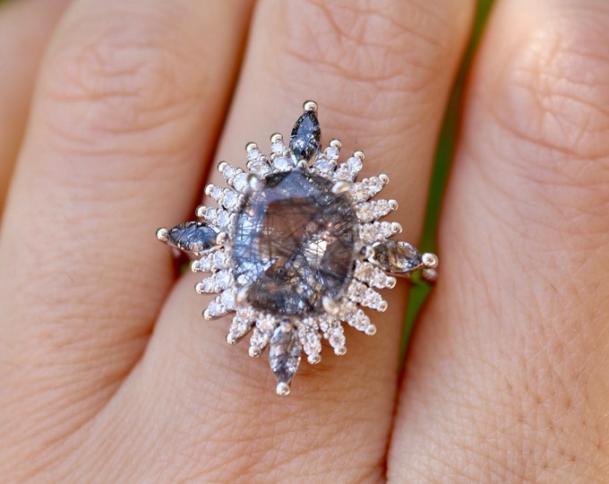 Tourmalated Quartz Large Oval Engagement Ring- Unique Genuine Black Rutile Diamond Halo Ring- Alternative Salt and Pepper Diamond Ring