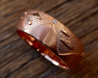 Mountain Cloud Diamond Wedding Band- 8mm Wide Nature Inspired Real Solid 14k 18k Gold Unisex Statement Band- Bespoke Wedding Band For Couple