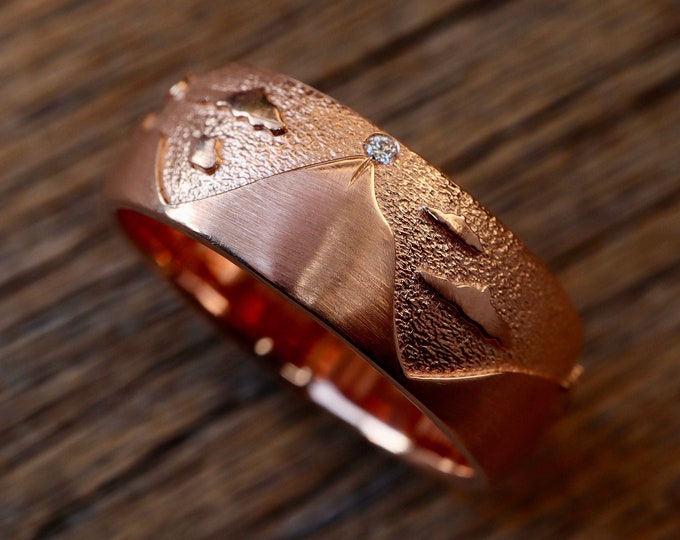 Mountain Cloud Diamond Wedding Band- 8mm Wide Nature Inspired Real Solid 14k 18k Gold Unisex Statement Band- Bespoke Wedding Band For Couple
