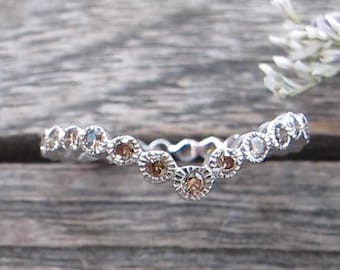 Genuine Diamond Eternity Wedding Chevron Vintage Band- Natural Champagne Diamond Curve Nesting Deco Band- Stackable Solid Gold Bubble Band