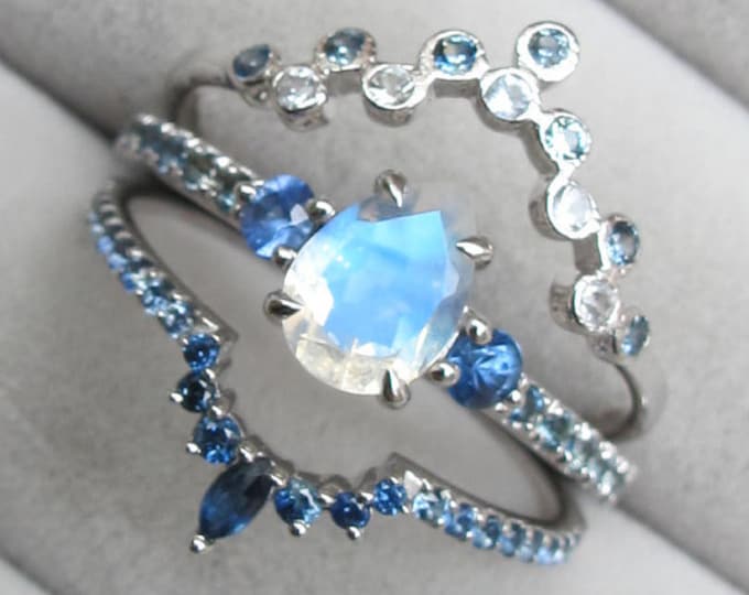 Teardrop Genuine Moonstone Sapphire Engagement Ring Set- Pear Blue Moonstone Bridal 2 Dainty Ring Set- 7x5 Moonstone White Gold Ring w/ Band