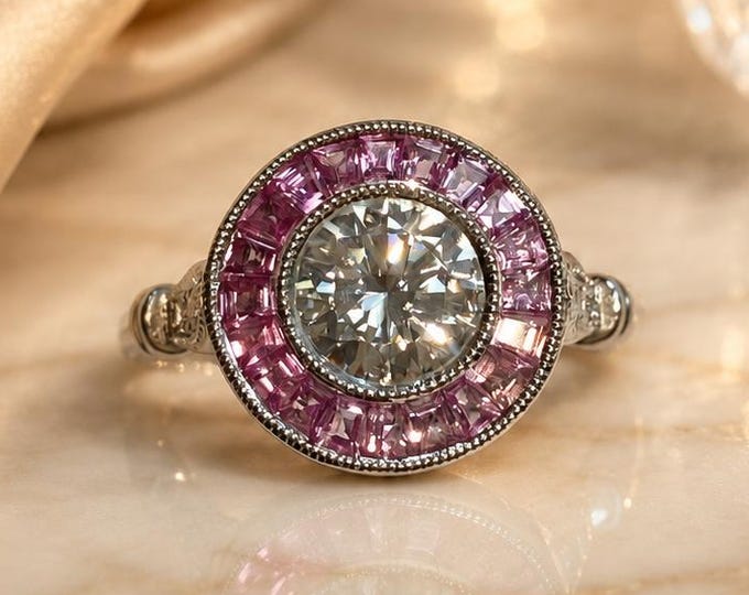 Round Moissanite with Genuine Pink Sapphire Halo Deco Engagement Ring