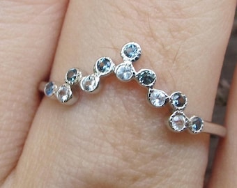 Natural Sapphire Contour Wedding Dainty Band- Blue White Sapphire Curve Nesting V Band- Stackable Wedding Band to Fit Your Engagement Ring