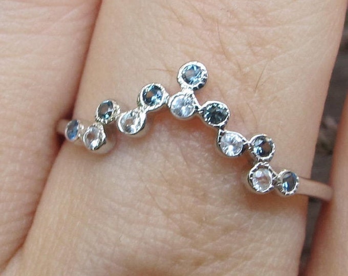 Natural Sapphire Contour Wedding Dainty Band- Blue White Sapphire Curve Nesting V Band- Stackable Wedding Band to Fit Your Engagement Ring