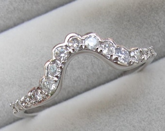 Genuine Round Diamond Wedding 14k Gold Band- Deco Moissanite Contour 14k Rose Gold Band- Clear Colorless Graduated Diamond Enhancer Guard