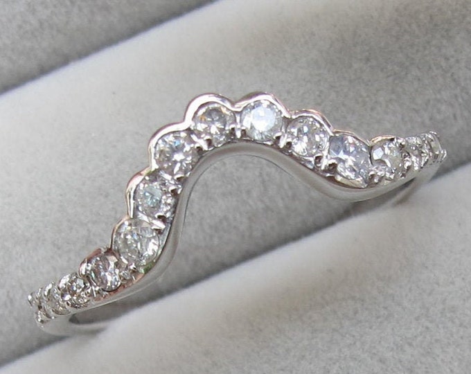 Genuine Round Diamond Wedding 14k Gold Band- Deco Moissanite Contour 14k Rose Gold Band- Clear Colorless Graduated Diamond Enhancer Guard