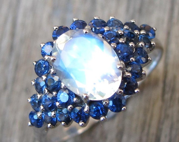 Genuine Moonstone Sapphire Engagement Ring- Oval Blue Moonstone Promise Ring- Antique Moonstone White Gold Ring- Moonstone Anniversary Ring