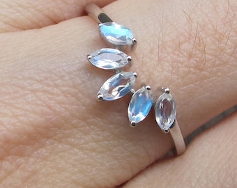 Genuine Moonstone Contour Wedding Band- Marquise Moonstone Curved Nesting Band- Natural Moonstone Stack Prong Band