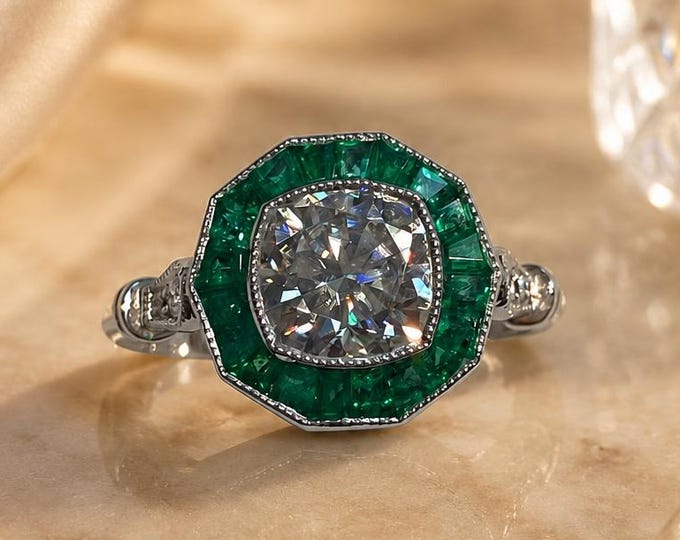 Cushion Moissanite with Genuine Green Emerald Halo Art Deco Engagement Ring