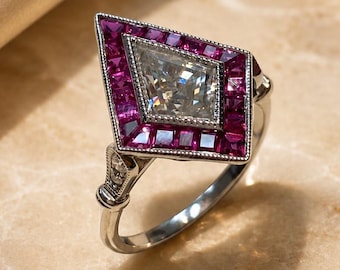 1.20ct Kite Moissanite with Genuine Ruby Halo Deco Engagement Ring