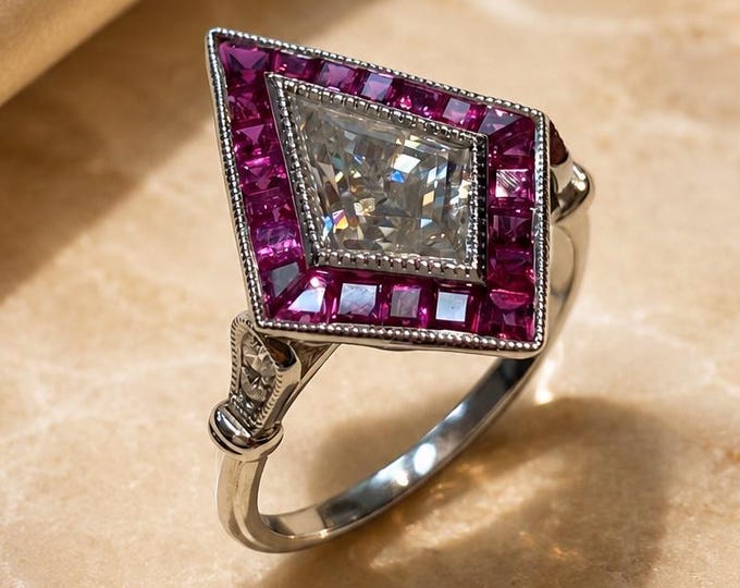 1.20ct Kite Moissanite with Genuine Ruby Halo Deco Engagement Ring