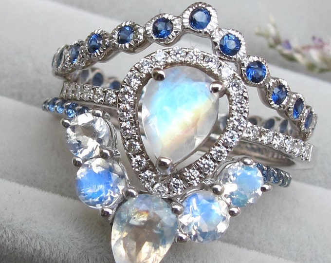 Unique Moonstone Sapphire 3 Ring Set- Pear Moonstone Halo Engagement Ring Set- Teardrop Moonstone White Gold Ring w/ 2 Wedding Band