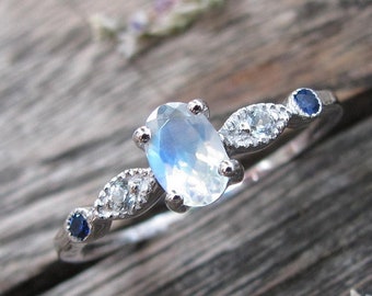 Moonstone Sapphire Promise Ring for Her- Oval Blue Moonstone Engagement Ring- Moonstone White Gold Dainty Ring- Moonstone Anniversary Ring