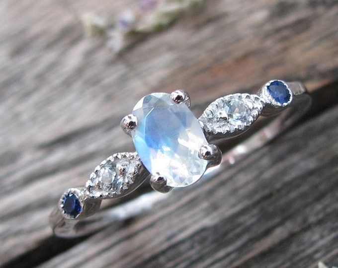 Moonstone Sapphire Promise Ring for Her- Oval Blue Moonstone Engagement Ring- Moonstone White Gold Dainty Ring- Moonstone Anniversary Ring
